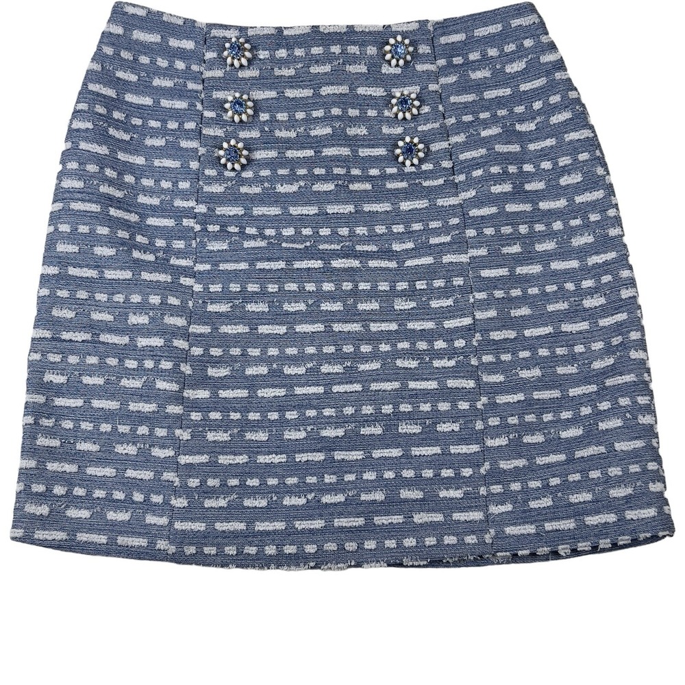 Blue Tweed‎ Boucle Skirt L Statement Embellished Buttons Preppy Old Money